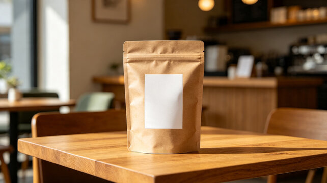 Mockup Blank matte stand-up coffee pouch with editable blank label realistic packaging texture, premium product photography