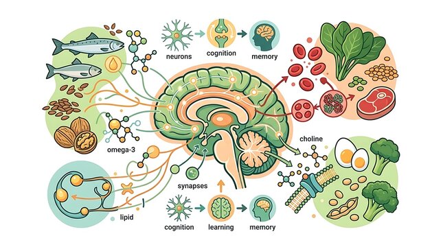 Brain health infographic showing food impact on cognition and memory