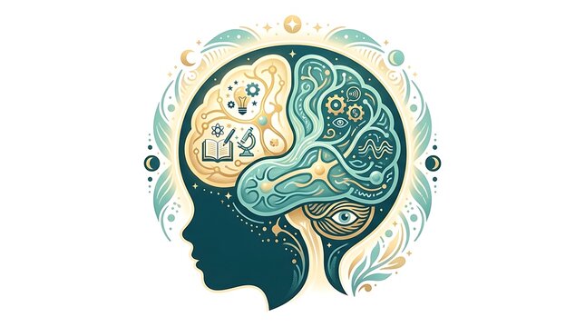 Child head silhouette with creative and analytical brain functions