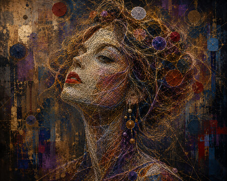 abstract female portrait with geometric thread art and textured background