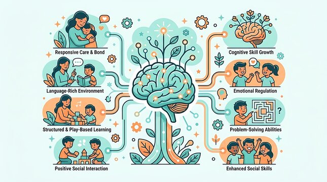 Childhood development stages and brain growth infographic