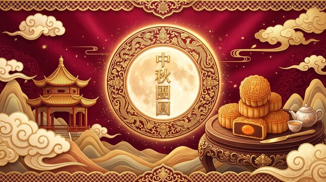Traditional Mid Autumn Festival day banner with mooncake on podium and glowing full moon on elegant red and gold background