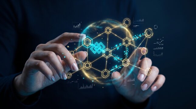 Close up of female hands touching virtual blockchain transaction network hologram with glowing node connections