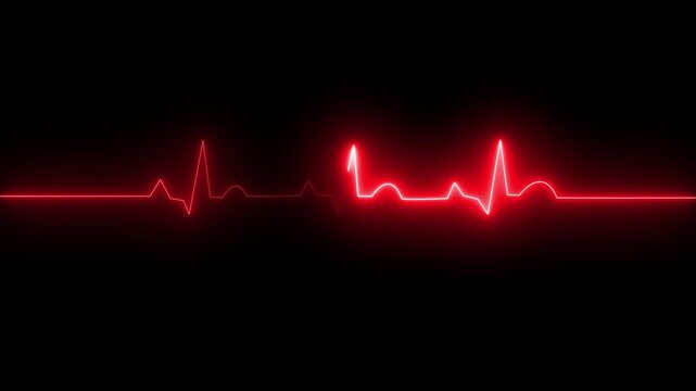 ECG monitor beating heart with a neon electrocardiogram overlay, featuring dynamic HUD elements.Abstract neon heartbeat signal icon animation on black background.4k quality animation video.