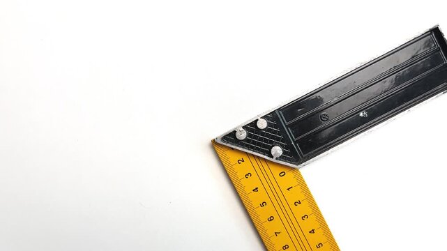 A yellow construction corner ruler slowly moves across a white background, showcasing tools for precise marking and cutting. The concept of precise measurements, careful cutting of materials. High