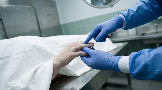 Forensic pathologist in blue scrubs examining petechiae spots on deceased victim hand