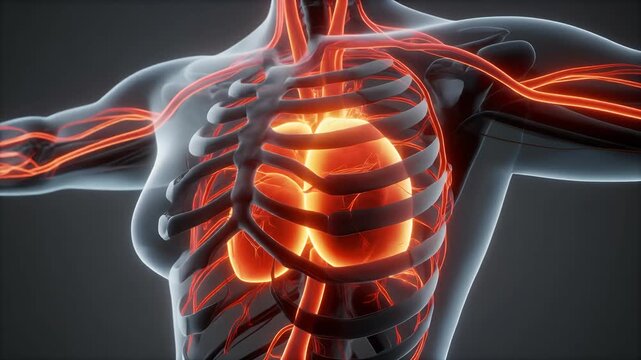 Detailed 3D Medical Illustration of the Human Heart and Circulatory System within the Rib Cage for Anatomical Study