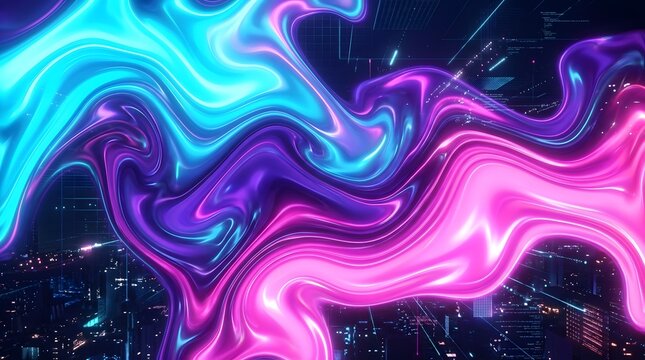 Vibrant neon liquid splash with cyan and violet swirls. Abstract fluid art in pink, purple, and blue for dynamic backgrounds.