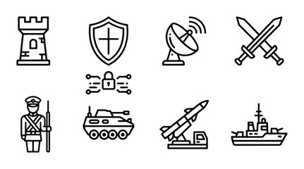 Military Icons Set: Defense, Security, Warfare, Technology, Naval, Soldier, Tank, Rocket © KhanMD