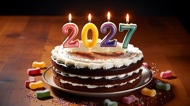 Happy new year cake with 2027 candles and colorful sprinkles, festive celebration dessert with gumdrops, festive occasion treat, sweet confectionery for holiday greeting, joyful moment.