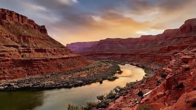 Canyon river timelapse shimmering water light transitions continuously across majestic gorge