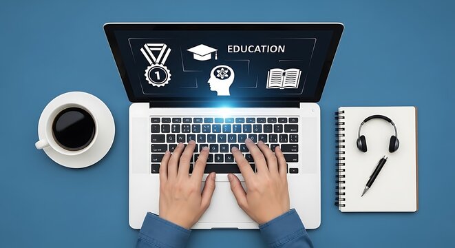 Overhead view of hands typing on a laptop with education icons. Coffee, headphones, and notepad