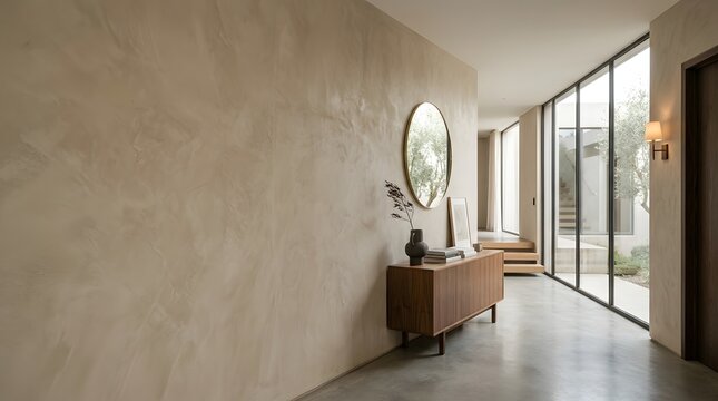 Modern luxury hallway with smooth microcement walls and minimalist decor. Sleek contemporary entryway featuring seamless textured surfaces and natu...