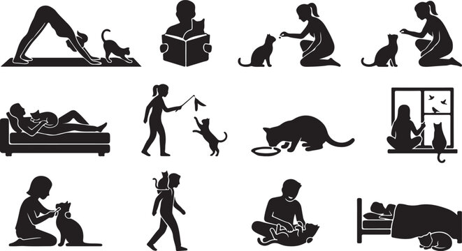 Assorted black silhouette showing people and cats in daily life, including yoga, reading, feeding, and relaxing on a window sill