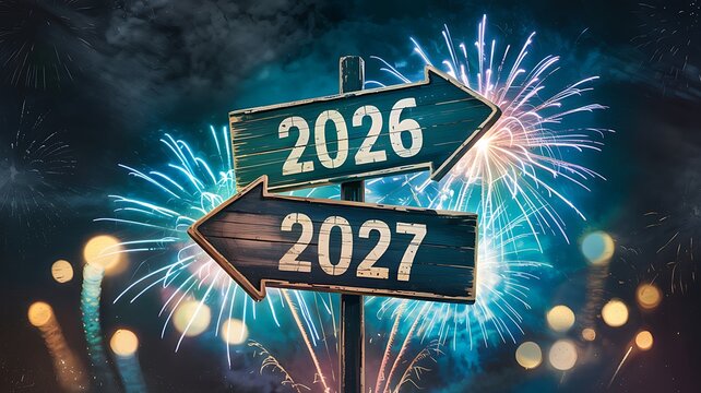 Wooden directional sign showing 2026 and 2027 directions with exploding fireworks above, festive New Year night scene, bright lights and celebratory atmosphere, transition.