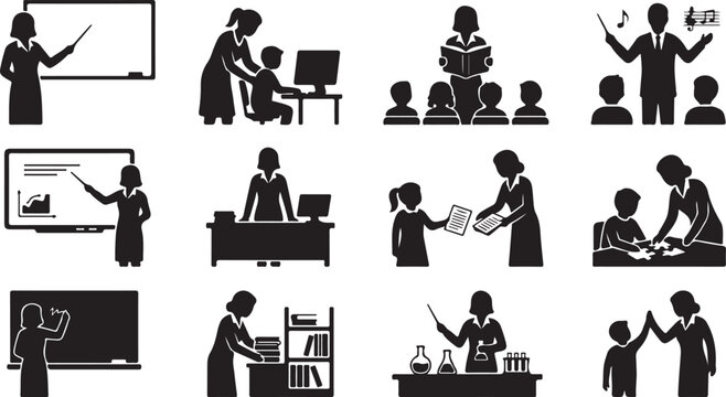Black silhouettes of teachers and students in school settings, including conducting lessons, using computers, and performing science experiments