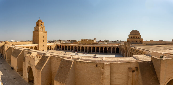 Overhead panorama of the Great Mosque of Kairouan, in the medina, in Kairouan, Tunisia