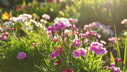 Obraz premium Sunlit Pink Dianthus Flowers in a Summer Garden