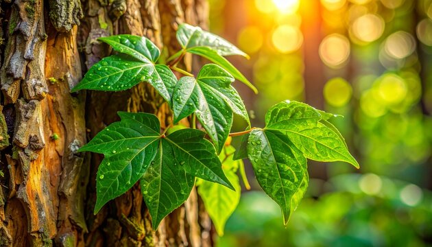 Lush green ivy leaves on tree trunk in golden sunlight