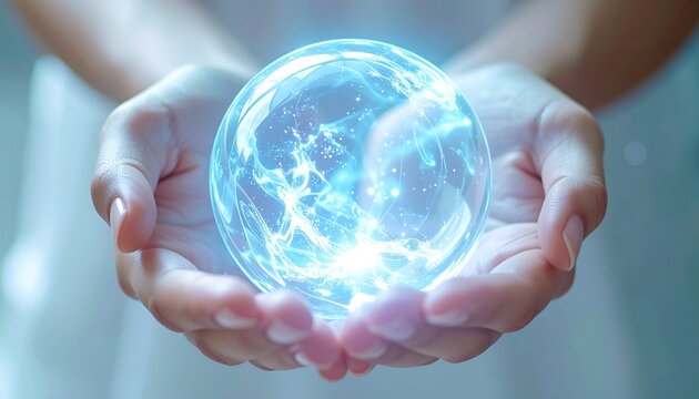Hands Holding Glowing Blue Energy Sphere Concept