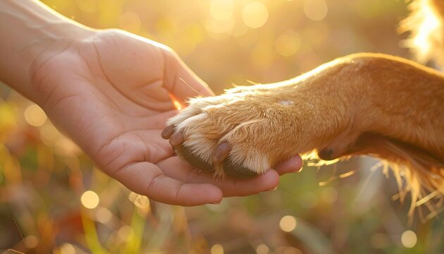 Human Hand Holding Dog Paw in Warm Sunset Light