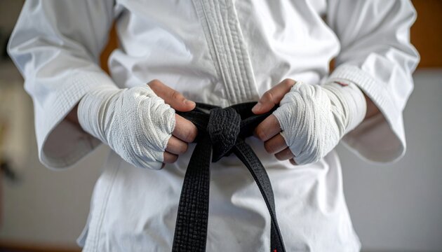 Martial Artist Tightening Black Belt on White Gi Close Up