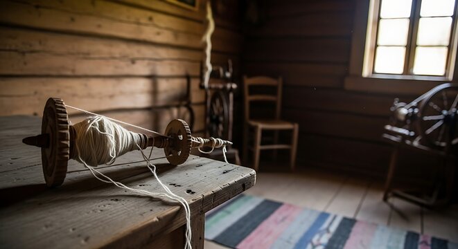 Rustic Wooden Spinning Bobbin Resting on Table in Historic Cabin Interior