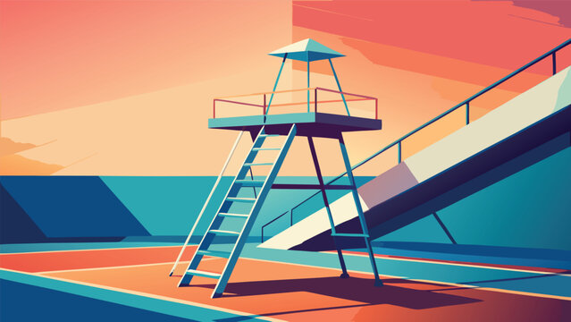Lifeguard chair beside outdoor pool at golden hour with lifeguard swimming platform twilight vacation lifestyle gradient illustration minimalist poolside facility exercise activity