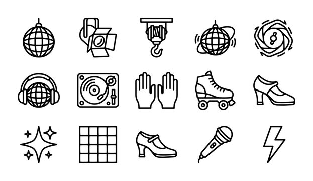 Retro Disco Party Icons Set: Roller Skates, Disco Ball, DJ Turntable, Microphone, High Heels