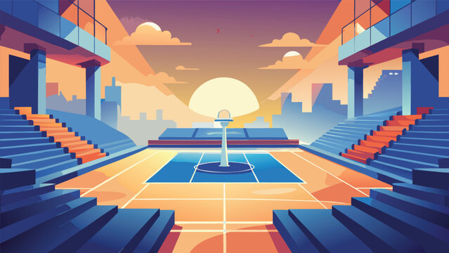 Tennis court stadium with cityscape sunset background recreation activity exercise bleachers spectator gradient illustration minimalist competition athletic facility twilight lifestyle