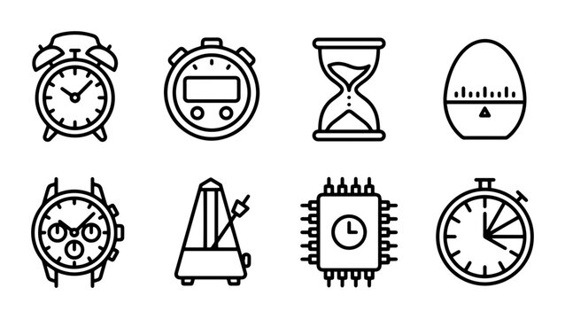 Timekeeping Icons: Alarm Clock, Stopwatch, Hourglass, Egg Timer, Watch, Metronome, Chip, Timer
