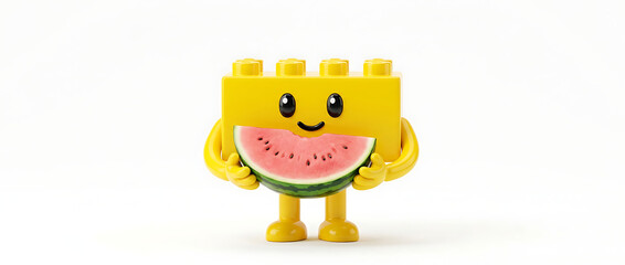 Obraz premium Playful LEGO Character Holding Watermelon, Indoor Studio, Fun Concept, Bright Background