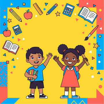 Back to school square banner background with happy diverse children waving and floating school supplies, flat vector illustration with copy space