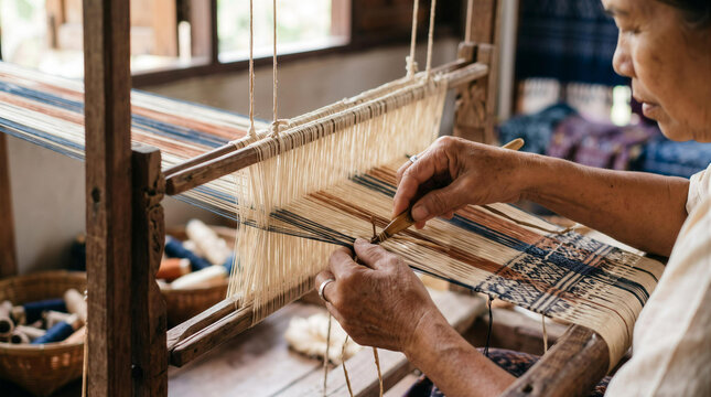 Close up of elderly artisan hands weaving traditional patterned fabric on wooden loom in workshop