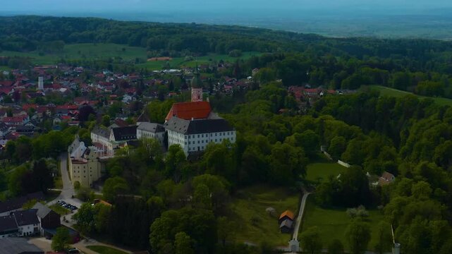 Aerial view around the old town and monastery of the city Andechs, in south Germany on a sunny spring noon