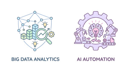 Fototapeta premium Big Data Analytics and Artificial Intelligence Automation Icon Set
