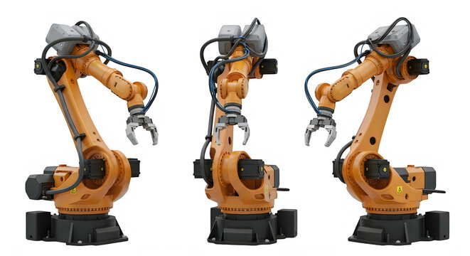Three orange industrial robotic arms isolated on transparent background automation and manufacturing