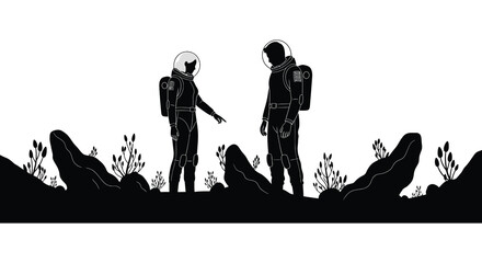 Astronauts And Alien Landscape Silhouette Against White Background space exploration © Roja