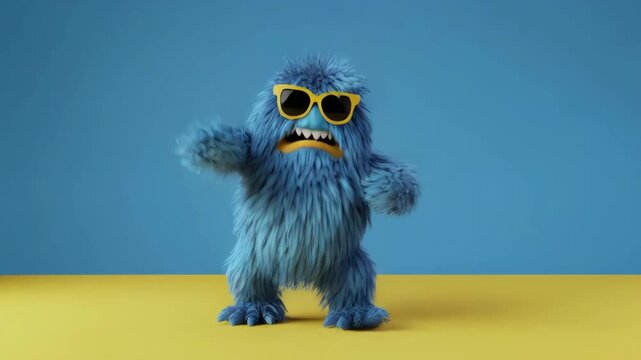 Blue Fuzzy Monster with Sunglasses Dancing in Studio with Yellow Floor and Blue Background