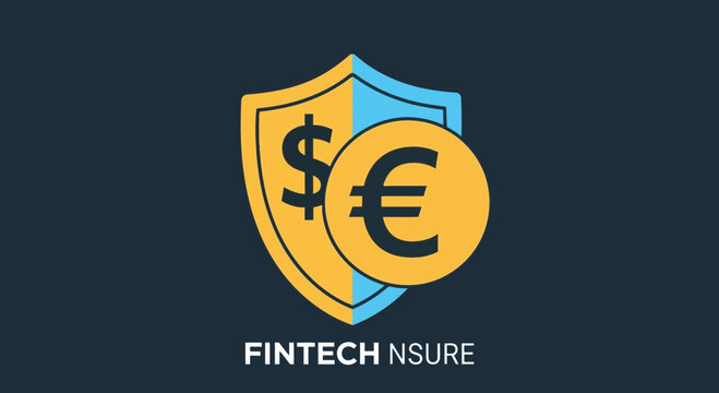 Fintech insurance protection logo concept with dollar and euro signs on shield.