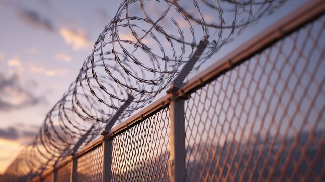 Barbed wire fence at sunset. AI generated
