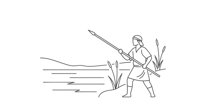 Ancient hunter with spear by river illustration.