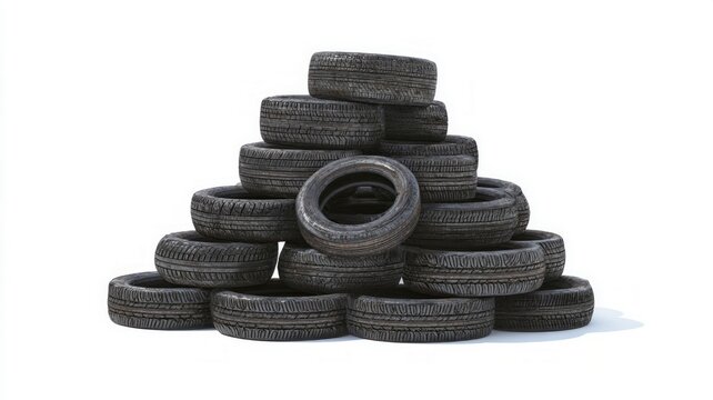 Weathered tires piled on white background. AI generated