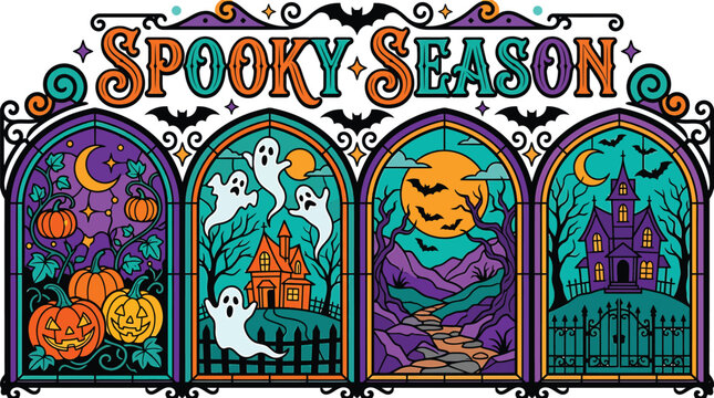 Spooky halloween vector illustration gothic stained glass with pumpkins ghosts haunted house for fall designs