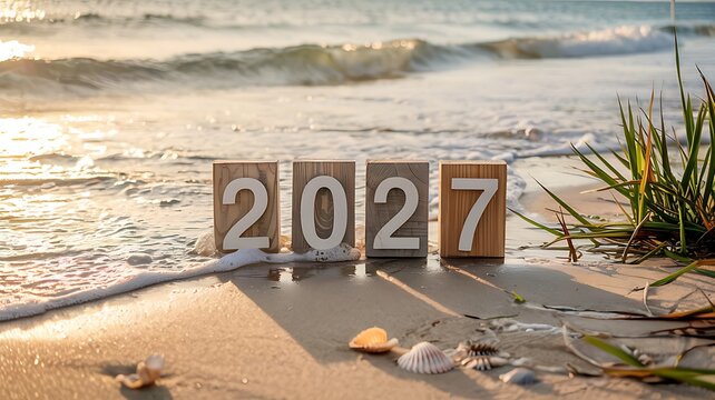Wooden blocks with numbers spelling out 2027 rest on sandy beach with gentle ocean waves washing over them during sunset warm glow on shoreline.