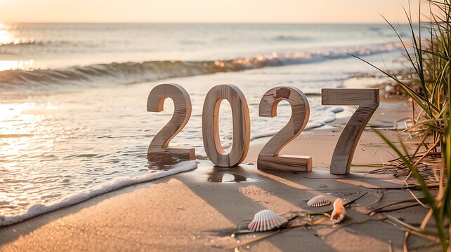 Large wooden numbers spelling out 2027 stand on wet sand beach as ocean waves gently wash ashore during golden hour sunset.