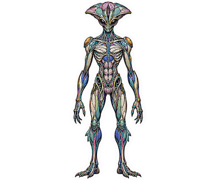 Teal fan crested biomechanical alien humanoid character
