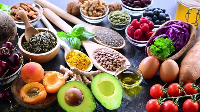 Variety of superfood products representing healthy diet