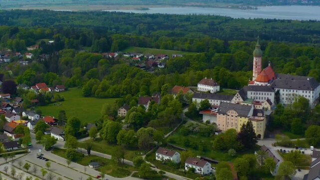 Aerial view around the old town and monastery of the city Andechs, in south Germany on a sunny spring noon