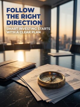 Compass on financial documents representing investment strategy with notebook symbolizing direction resting financial